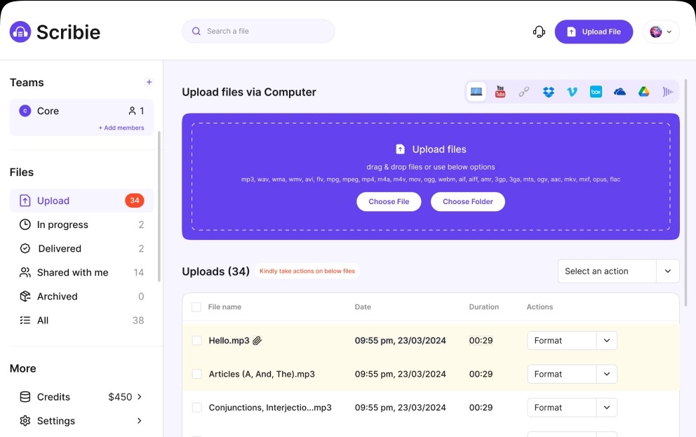 Scribie platform interface