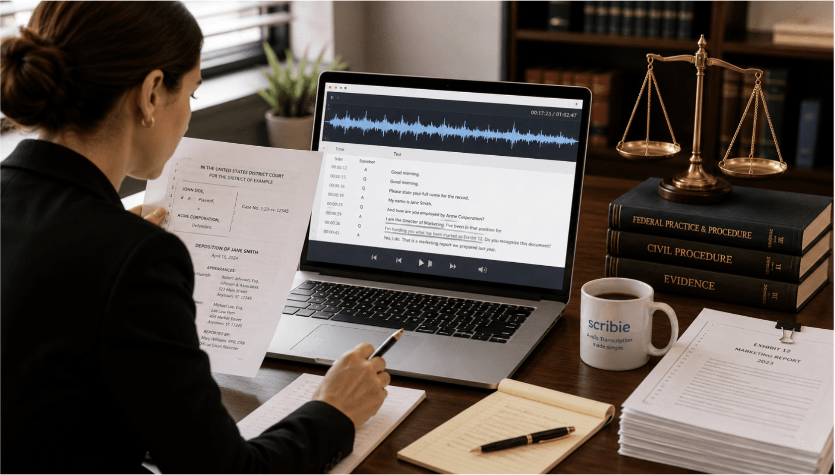 Legal professional reviewing a deposition transcript in legal transcription format against the audio recording