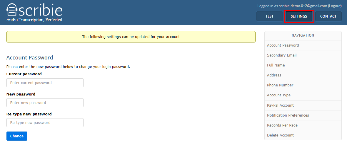 Applicant Account Settings Page